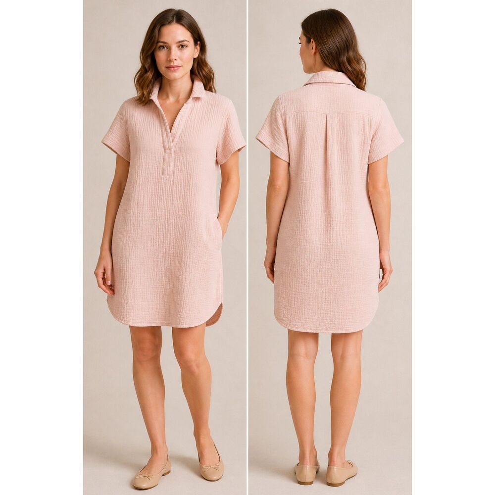 Three Dots Dress Double Gauze Womens Sz M Pink 100% Cotton Textured Pockets EUC
